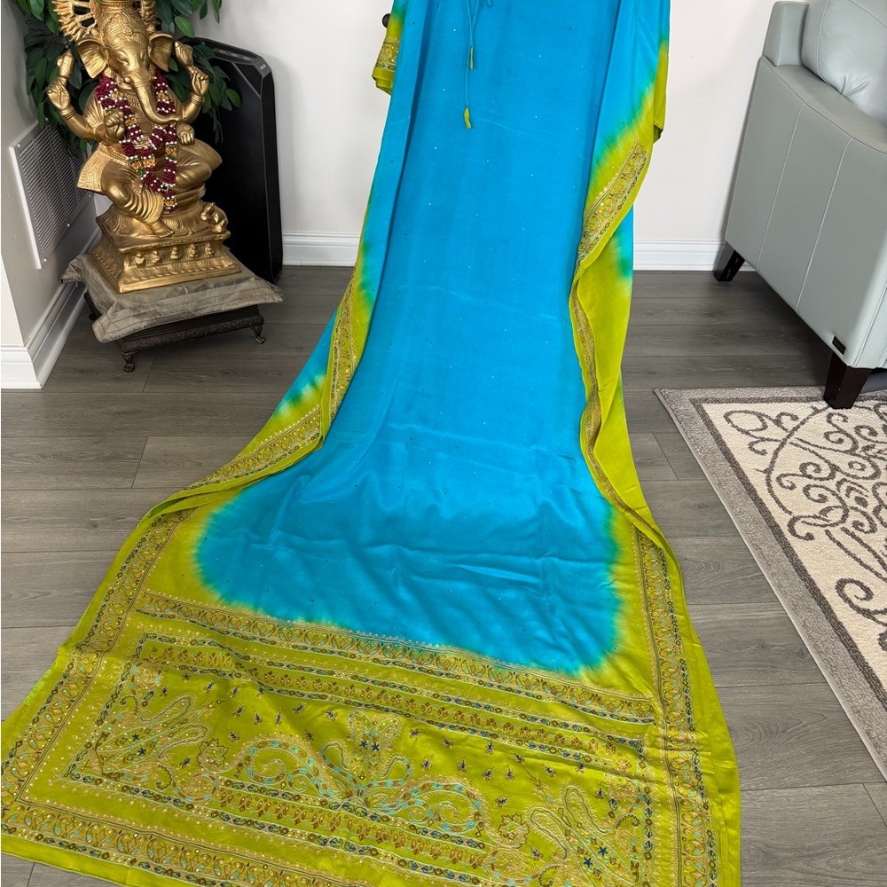 Woman's pure silk Blue and Lime Green saree sari